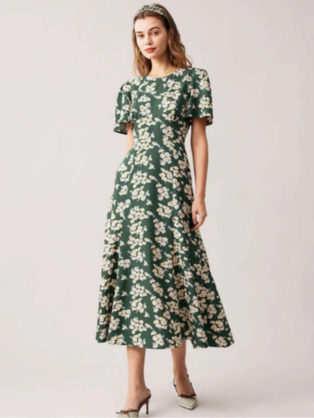 RIHOAS Green Floral Midi Dress with Puff Sleeves